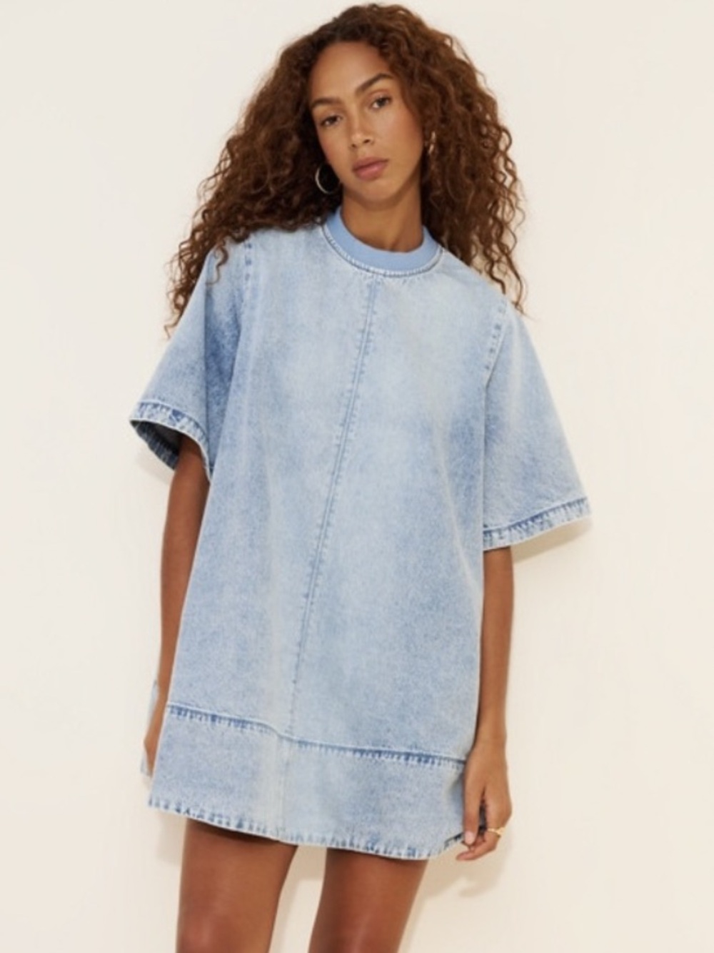We The Free Washed Light Blue Denim Tee Mini Dress